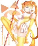  1girl akegata_tobari animal_ears anklet blonde_hair bracelet breasts character_name circlet closed_mouth commentary_request covered_navel elbow_gloves english_text eyebrows_visible_through_hair gloves golden_snub-nosed_monkey_(kemono_friends) gradient_hair holding impossible_clothes impossible_leotard japari_symbol jewelry kemono_friends latin_text leg_up legs leotard long_hair looking_at_viewer medium_breasts monkey_ears monkey_tail multicolored_hair orange_hair ponytail sidelocks skindentation skirt sleeveless smile solo sparkle standing tail thighhighs toenail_polish white_skirt yellow_gloves yellow_legwear yellow_leotard yellow_nails 