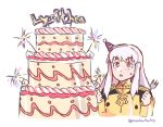 1girl cake character_name fire_emblem fire_emblem:_three_houses food fork garreg_mach_monastery_uniform graysheartart hat holding holding_fork long_hair long_sleeves lysithea_von_ordelia open_mouth party_hat pink_eyes simple_background solo twitter_username uniform upper_body white_background white_hair 