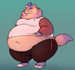  ambiguous_gender anthro belly big_belly claws clothed clothing domestic_ferret fur mammal midriff mustela mustelid musteline navel obese obese_ambiguous overweight overweight_ambiguous pink_body pink_fur plushclover smile solo standing thick_thighs toe_claws 