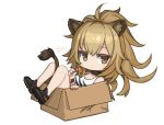  1girl animal_ear_fluff animal_ears arknights bangs bare_shoulders between_legs black_choker black_footwear box brown_eyes brown_hair candy cardboard_box chibi choker commentary food hand_up holding holding_food jitome knees_up lion_ears lion_tail lollipop looking_at_viewer ponytail ran_system shoes siege_(arknights) simple_background sitting solo tail tail_between_legs tank_top translation_request white_background white_tank_top 