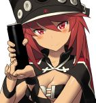  1girl alternate_color beltbra breasts cape cleavage closed_mouth dark_skin guilty_gear guilty_gear_xrd hat long_hair looking_at_viewer ramlethal_valentine red_eyes red_hair simple_background solo white_background zaki_(narashigeo) 