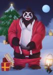  2018 absurd_res anthro belly black_body black_fur blizzard_entertainment bottomwear bulge christmas christmas_tree chubbylittlemu clothing detailed_background fur hi_res holidays humanoid_hands kemono male mammal moon night outside overweight overweight_male pandaren pants snow solo tree underwear ursid video_games warcraft white_body white_fur 