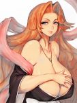  1girl bleach blue_eyes breasts cleavage collarbone flare fumio_(rsqkr) gigantic_breasts hair_intakes highres jewelry light_smile lips long_hair looking_at_viewer matsumoto_rangiku mole mole_under_mouth necklace orange_hair pink_scarf scarf simple_background solo upper_body very_long_hair white_background 