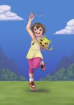  absurdres armpits blush brown_eyes brown_hair cloud digimon digimon_adventure grass highres looking_at_viewer mountain nyaromon open_mouth risu_kurosaki short_hair smile socks whistle yagami_hikari 