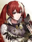  1girl blush closed_mouth crossed_arms delsaber fire_emblem fire_emblem_fates gloves hair_between_eyes hair_ribbon leather leather_gloves light_particles lips long_hair long_sleeves looking_at_viewer red_eyes red_hair ribbon selena_(fire_emblem_fates) shirt shoulder_armor solo straight_hair twintails upper_body vest 