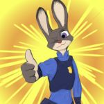  1:1 anthro cerebral_knievel cheek_tuft clothed clothing disney facial_tuft fur gesture grey_body grey_fur hi_res judy_hopps lagomorph leporid mammal one_eye_closed police_uniform purple_eyes rabbit simple_background solo thumbs_up tuft uniform wink yellow_background zootopia 