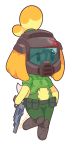  1girl absurdres alternate_costume animal_ears armor artist_name belt black_eyes black_footwear blonde_hair blood boots cosplay dog_ears dog_tail doom_(game) doomguy doomguy_(cosplay) doubutsu_no_mori full_body furry green_pants green_shirt gun hair_tie hand_on_hip handgun helmet highres holding holding_gun holding_weapon knee_boots knee_pads knees_together_feet_apart leg_up nintendo no_humans pants pouch shirt shizue_(doubutsu_no_mori) short_hair short_sleeves signature simple_background solo standing standing_on_one_leg starman_jr. stomach tail tied_hair topknot torn_clothes weapon white_background 