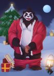  2018 absurd_res anthro balls belly black_body black_fur blizzard_entertainment bottomwear christmas christmas_tree chubbylittlemu clothing detailed_background erection fur genitals hi_res holidays humanoid_genitalia humanoid_hands humanoid_penis kemono male mammal moon night outside overweight overweight_male pandaren pants penis snow solo tree ursid video_games warcraft white_body white_fur 