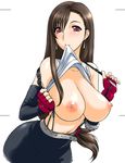  breasts brown_hair earrings final_fantasy final_fantasy_vii fingerless_gloves gloves jewelry large_breasts leaning_forward long_hair mouth_hold nipples pencil_skirt red_eyes shirt_lift skirt solo st.germain-sal suspenders tifa_lockhart 