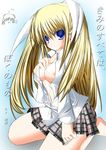  bad_id bad_pixiv_id barefoot blonde_hair blue_eyes blush breasts hair_ribbon highres kneeling little_busters! long_hair medium_breasts nipples no_bra open_clothes open_shirt plaid ribbon school_uniform shirt skirt solo tabuchi_(tabuchisanchi) tokido_saya twintails 