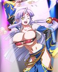 areolae bandeau bell belt breasts dancing fan fangs hand_on_hip horn huge_breasts jingle_bell long_hair navel nippleless_clothes nipples one_eye_closed oni open_mouth pointy_ears silver_hair skindentation solo sparkle strapless super_robot_wars super_robot_wars_og_saga_mugen_no_frontier suzuka_hime tubetop usatarou 