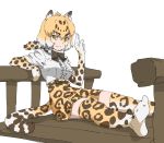 1girl animal_ears animal_print arm_rest bangs belt blonde_hair bow bowtie brown_hair center_frills closed_mouth elbow_gloves eyebrows eyebrows_visible_through_hair feet_out_of_frame frills fur_scarf gloves hand_up high-waist_skirt highres jaguar_(kemono_friends) jaguar_ears jaguar_tail kemono_friends leaning_back medium_hair miniskirt multicolored_hair no_shoes outstretched_legs print_gloves print_legwear print_skirt scarf shirt short_sleeves simple_background sitting skirt smile solo tail tanabe_(fueisei) thighhighs white_background white_hair white_shirt yellow_eyes zettai_ryouiki 
