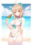  1girl ahoge aqua_bow bangs bare_shoulders beach bikini blonde_hair blue_sky blush bow bracelet breasts cleavage collarbone fate/grand_order fate_(series) food hair_between_eyes hair_bow highleg highres jayamon jewelry layered_bikini looking_at_viewer medium_breasts multi-strapped_bikini navel ocean okita_souji_(fate)_(all) okita_souji_(swimsuit_assassin)_(fate) popsicle short_hair sky solo swimsuit thighs watermelon_bar white_bikini yellow_eyes 