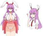  1girl ? animal_ears blush breasts bunny_ears bunny_girl carrot_print collared_shirt food_print hair_between_eyes highres lifted_by_self long_hair looking_at_viewer medium_breasts multiple_views navel necktie no_bra open_clothes open_shirt panties pink_skirt pleated_skirt pointing pointing_at_self print_panties purple_hair red_eyes red_neckwear reisen_udongein_inaba shirt skirt skirt_lift touhou underwear very_long_hair white_panties white_shirt wuwusan 
