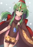  +5cm 1girl absurdres cloak closed_mouth dress fire_emblem fire_emblem:_mystery_of_the_emblem green_eyes green_hair highres jewelry long_hair necklace pink_dress pointy_ears ponytail short_dress simple_background smile solo stone tiara tiki_(fire_emblem) 