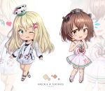  2girls alternate_costume blonde_hair blush bow brown_eyes brown_hair chibi cosplay costume_switch dress eyebrows_visible_through_hair full_body grecale_(kantai_collection) green_eyes hair_between_eyes hair_bow hair_ornament hair_ribbon headgear headset highres hjhhzb jacket kantai_collection long_hair looking_at_viewer multiple_girls open_mouth ribbon sailor_collar sailor_dress short_hair sleeveless sleeveless_dress smile speaking_tube_headset swimsuit swimsuit_under_clothes wavy_hair white_dress white_jacket white_sailor_collar yellow_neckwear yukikaze_(kantai_collection) 