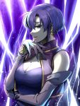  1girl asymmetrical_bangs bangs bracelet breasts cleavage delsaber dress earrings elbow_gloves fire_emblem fire_emblem:_the_blazing_blade glint gloves jewelry lightning lightning_bolt lips looking_at_viewer medium_breasts open_mouth parted_bangs purple_background purple_dress purple_eyes purple_gloves purple_hair short_hair sleeveless sleeveless_dress solo straight_hair upper_body ursula_(fire_emblem) 