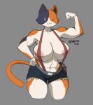  2020 :3 abs anthro aronhilistix big_breasts bottomwear breasts calico_cat clothed clothing cuddle_team_leader digital_media_(artwork) domestic_cat epic_games felid feline felis female flexing fortnite fur hi_res huge_breasts mammal meowscles_(fortnite) muscular nipples simple_background solo straps video_games 