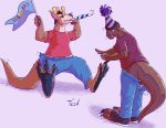  anthro big_tail bottomwear clothing crown flag footwear hat headgear headwear human jeans kangaroo macropod male mammal marsupial noise_maker pants party_hat plantigrade shirt shoes tail_growth the-coast-is-near thick_tail topwear torn_clothing transformation 