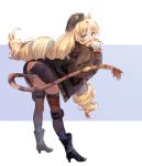  1girl animal_ears arknights bangs bent_over black_footwear blonde_hair boots brown_jacket brown_legwear drill_hair eric_(tianqijiang) eyebrows_visible_through_hair fingerless_gloves full_body gloves green_eyes hat high_heel_boots high_heels highres jacket long_hair long_sleeves looking_at_viewer miniskirt open_mouth parted_bangs peaked_cap quad_drills skirt skirt_lift smile standing swire_(arknights) tail tail_lift thighhighs tiger_ears tiger_girl tiger_tail v very_long_hair 