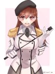 1girl black_neckwear breasts brown_hair collared_shirt cosplay double-breasted epaulettes eyebrows_visible_through_hair gloves grey_shirt hair_between_eyes jacket kantai_collection katori_(kantai_collection) katori_(kantai_collection)_(cosplay) kozu_(bloomme1_me) large_breasts long_hair looking_at_viewer necktie ooi_(kantai_collection) open_mouth red_eyes riding_crop shirt simple_background solo twitter_username upper_body white_gloves 