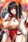  1girl absurdres ahoge azur_lane bangs bare_shoulders bird black_hair black_panties blush breasts bridal_gauntlets china_dress chinese_clothes cleavage cleavage_cutout dress dress_pull feather_boa hair_between_eyes hair_ornament highres huge_breasts long_hair looking_at_viewer nez-kun one_side_up open_mouth panties peacock red_dress red_eyes side_slit signature smile taihou_(azur_lane) taihou_(phoenix&#039;s_spring_song)_(azur_lane) underwear 