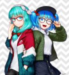  2girls ;d adjusting_eyewear alternate_costume aqua_eyes aqua_hair arm_holding artist_name black-framed_eyewear black_headwear black_shorts blue_eyes blue_hair blue_nails blush bow buttons casual closed_mouth clothes_writing commentary_request contemporary front_ponytail glasses green_jacket grey_background hair_bow hair_ribbon hairband hand_in_pocket hand_up hat highres hood hood_down hoodie jacket kageharu kagiyama_hina kawashiro_nitori key long_hair long_sleeves looking_at_viewer multiple_girls nail_polish navy_blue_skirt one_eye_closed open_mouth red-framed_eyewear red_bow red_ribbon ribbon shirt short_hair short_shorts shorts smile striped striped_ribbon touhou twitter_username two-tone_background two_side_up unzipped white_shirt 