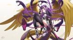  1girl bangs black_legwear breasts chain cleavage commentary_request eyebrows_visible_through_hair fangs fate/grand_order fate_(series) hair_ornament highres long_hair looking_at_viewer medium_breasts medusa_(lancer)_(fate) parted_bangs purple_eyes purple_hair snake_tail solo tagme tail thighhighs very_long_hair wings z.m._(school913102) 