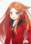  1girl :o artist_name bangs blue_eyes breasts brown_hair collarbone commentary eyebrows_visible_through_hair green_eyes highres konami_kirie long_hair long_sleeves looking_at_viewer parted_bangs red_sweater rinse_7 small_breasts solo sweater upper_body world_trigger 
