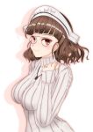  1girl absurdres bangs blunt_bangs brown_eyes brown_hair glasses highres jewelry kantai_collection looking_at_viewer necklace pince-nez ribbed_sweater roma_(kantai_collection) sakami_senka simple_background smile solo sweater turtleneck turtleneck_sweater upper_body wavy_hair white_background white_sweater 