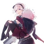 2girls assault_rifle blue_eyes blush boots carrying commentary_request dirty_face embarrassed gentiane_(girls_frontline) girls_frontline gun multiple_girls princess_carry rifle sharp_teeth shuzi sl8_(girls_frontline) teeth torn_clothes weapon 