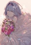  1girl absurdres bare_shoulders bouquet bride closed_eyes crying dress eyebrows_visible_through_hair flower hair_intakes hairband highres holding holding_bouquet ryuuou_no_oshigoto! short_hair silver_hair solo sora_ginko t.k.c wedding_dress 