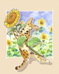  4:5 ambiguous_gender black_spots black_tail dipstick_tail felid feline feral flower fur hi_res looking_at_viewer mammal multicolored_body multicolored_fur multicolored_tail pawpads plant serval solo spots spotted_body spotted_fur spotted_tail sunflower tan_body tan_fur taoi whiskers 