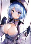  1girl artist_name azur_lane bangs blue_eyes blue_gloves blue_hair blush breasts chain chapayev_(azur_lane) cleavage cleavage_cutout commentary_request eyebrows_visible_through_hair gloves hair_ornament hairclip hands_up hat holding holding_chain jacket large_breasts long_sleeves looking_at_viewer mole mole_on_breast nenobi_(nenorium) peaked_cap pleated_skirt short_hair signature skirt smile solo translated upper_body white_headwear white_jacket white_skirt 