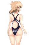  1girl absurdres ass ass_grab blue_swimsuit breasts brown_hair competition_school_swimsuit from_behind grabbing_own_ass hair_ornament hairclip highres medium_breasts one-piece_swimsuit open_mouth school_swimsuit senki_zesshou_symphogear shiny shiny_clothes shiny_hair shiny_skin short_hair simple_background smile solo standing swimsuit tachibana_hibiki_(symphogear) tessa_1178 white_background 