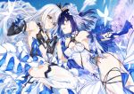  2girls absurdres bare_shoulders blue_eyes blue_hair bronya_zaychik bronya_zaychik_(herrscher_of_reason) cleavage_cutout earrings elbow_gloves flower frilled_skirt frills gloves hair_flower hair_ornament high_heels highres honkai_(series) honkai_impact_3rd huge_filesize jewelry long_hair multiple_girls niko_(tama) seele_vollerei short_hair silver_eyes skirt white_hair white_legwear 