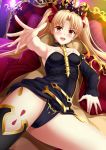  1girl armpits asymmetrical_legwear asymmetrical_sleeves bangs bare_shoulders between_breasts black_legwear black_leotard blonde_hair blush breasts cape chair detached_collar earrings ereshkigal_(fate/grand_order) fate/grand_order fate_(series) gold_trim highleg highleg_leotard highres hoop_earrings infinity jewelry leotard long_hair long_sleeves looking_at_viewer medium_breasts multicolored multicolored_cape multicolored_clothes necklace open_mouth outstretched_arm parted_bangs red_cape red_eyes shibata_rai single_sleeve single_thighhigh sitting skull smile solo spine thighhighs thighs tiara two_side_up yellow_cape 