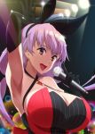  1girl absurdres arm_up armpits bangs black_gloves blush breasts criss-cross_halter earrings elbow_gloves gloves hair_ribbon halterneck highres jewelry kyokou_suiri large_breasts lavender_hair long_hair looking_at_viewer low_twintails mattari_yufi microphone nanase_karin_(kyokou_suiri) open_mouth red_eyes ribbon smile solo twintails 