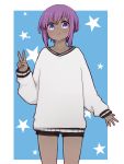  1girl black_shorts blue_background blush closed_mouth dark_skin fate/prototype fate/prototype:_fragments_of_blue_and_silver fate_(series) hand_up hassan_of_serenity_(fate) i.u.y long_sleeves purple_eyes purple_hair short_shorts shorts sidelocks sleeves_past_wrists smile solo star starry_background sweat sweater two-tone_background v white_background white_sweater 