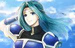  1girl aqua_hair bangs blue_eyes blue_gloves bodysuit breastplate cloud cloudy_sky day delsaber elbow_gloves fiora_(fire_emblem) fire_emblem fire_emblem:_the_blazing_blade gloves hand_in_hair lips long_hair looking_at_viewer outdoors parted_bangs sky smile solo string upper_body wind 