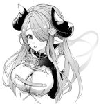  1girl asymmetrical_gloves bare_shoulders black_gloves blush braid breasts cleavage draph elbow_gloves gloves granblue_fantasy greyscale hair_ornament hair_over_one_eye horns large_breasts long_hair low_tied_hair monochrome narmaya_(granblue_fantasy) pointy_ears sakita_(ookawarii) simple_background single_braid sleeveless smile solo upper_body very_long_hair white_background 