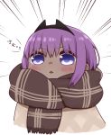  1girl :&lt; bangs blush brown_scarf cropped_torso dark_skin emphasis_lines eyebrows_visible_through_hair fate/prototype fate/prototype:_fragments_of_blue_and_silver fate_(series) fringe_trim hair_between_eyes hassan_of_serenity_(fate) i.u.y parted_lips plaid plaid_scarf purple_eyes purple_hair scarf sidelocks solo translation_request upper_body white_background 
