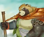  2020 anthro belly brown_body brown_fur canid canine clothing fur gyobu hi_res humanoid_hands kemono male mammal moobs nipples overweight overweight_male raccoon_dog robe scar siroihigenokoi solo tanuki tattoo tokyo_afterschool_summoners video_games 