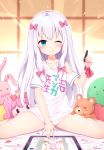  1girl :p arm_up blue_eyes bow commentary_request eromanga_sensei hair_bow highres izumi_sagiri long_hair no_pants nomier off_shoulder one_eye_closed panties panty_peek revision ribbon shirt short_sleeves silver_hair sitting smile solo spread_legs stuffed_animal stuffed_toy stylus t-shirt tablet_pc teddy_bear thighs tongue tongue_out underwear white_panties white_shirt wrist_ribbon 
