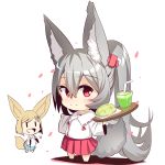  2girls animal_ears bangs barefoot bendy_straw blue_skirt blush bread brown_hair chibi closed_mouth collarbone collared_shirt commentary_request cup drinking_glass drinking_straw eyebrows_visible_through_hair food fox_ears fox_girl fox_tail grey_hair hair_between_eyes hair_ornament hairclip high_ponytail highres holding holding_tray long_hair long_sleeves looking_at_viewer melon_bread multiple_girls original petals pleated_skirt ponytail red_eyes red_skirt shadow shirt short_hair skirt smile tail tray very_long_hair white_background white_shirt wide_sleeves yuuji_(yukimimi) 