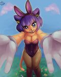  2019 4:5 absurd_res anthro bell black_nose blue_eyes blush breasts bunny_costume chimiko clothing costume domestic_cat fake_ears fake_rabbit_ears felid feline felis female gloves grass hair handwear hawtmoon hi_res leotard looking_at_viewer mammal navel open_mouth purple_hair smile solo standing 