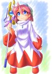  1girl ahoge blue_eyes blush closed_mouth final_fantasy final_fantasy_fables fun_bo holding looking_at_viewer pink_hair robe shirma short_hair smile solo staff white_mage 