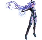  1girl bodysuit cundodeviant english_commentary headgear long_hair lowres neptune_(series) next_purple outstretched_arm pixel_art purple_bodysuit purple_hair shiny shiny_hair solo transparent_background very_long_hair 