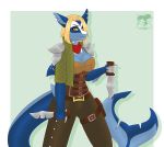  2020 5_fingers anthro armor blonde_hair blue_body blue_skin clothed clothing daggers fantasy female fingers fish hair hairs hi_res leather looking_at_viewer marine octipop shark simple_background smile solo uri_renard_blanc_(ryltar) 