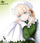 1girl alternate_costume apron artist_name bangs blonde_hair blue_eyes blush brown_ribbon buttons collared_dress commentary_request dated dress enmaided eyebrows_visible_through_hair gradient gradient_background green_background green_dress green_footwear hair_over_shoulder hair_ribbon head_tilt highres interlocked_fingers kantai_collection knees_up long_dress long_hair long_sleeves looking_at_viewer maid maid_apron maid_dress maid_headdress ribbon shadow shin&#039;you_(kantai_collection) side_ponytail sitting smile solo tk8d32 white_background white_legwear 